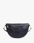 A dark navy blue woven leather half-moon bag with gold-tone hardware and a shoulder strap, shown against a plain light gray background.