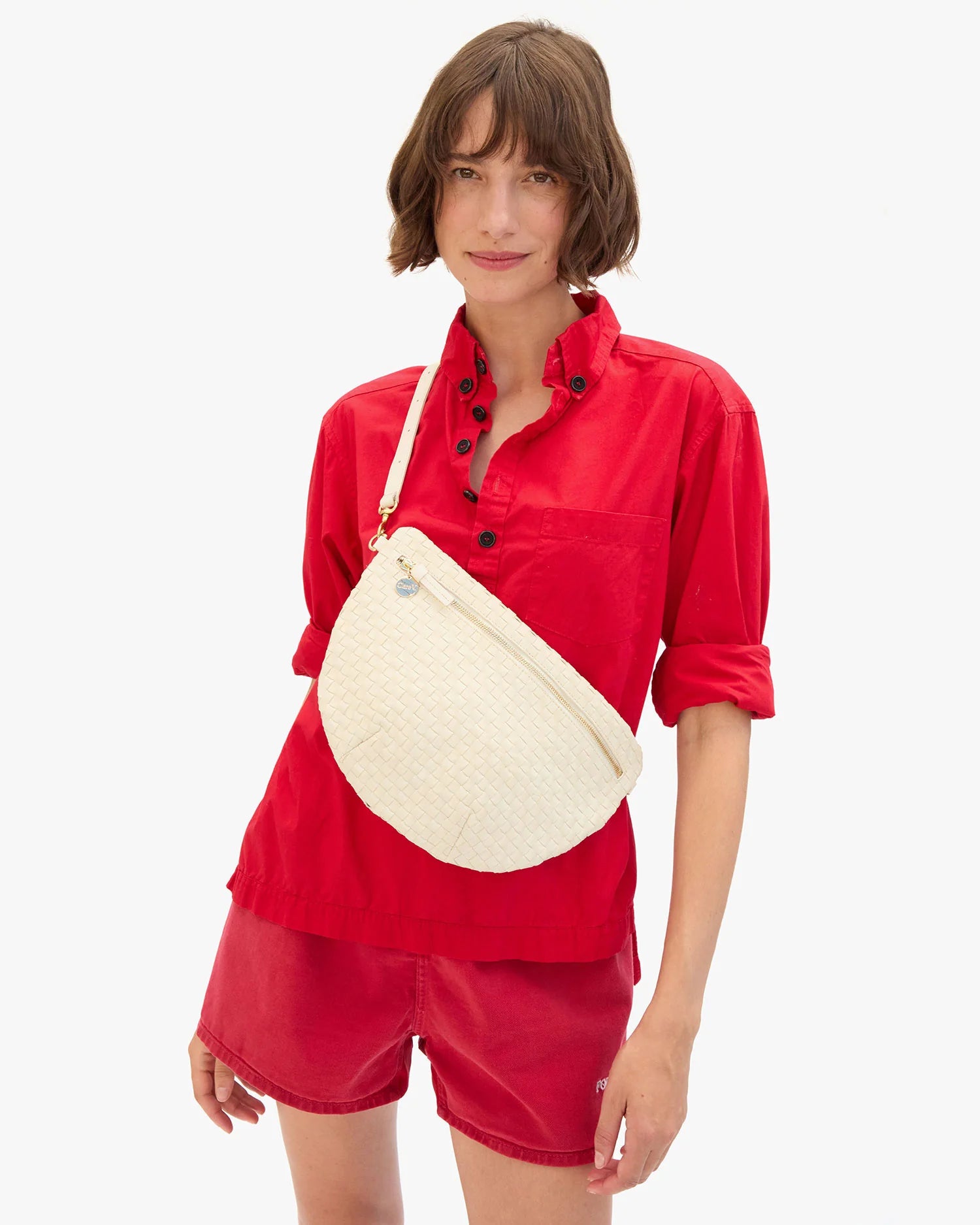 Grande Fanny Woven Checker Cream worn on chest