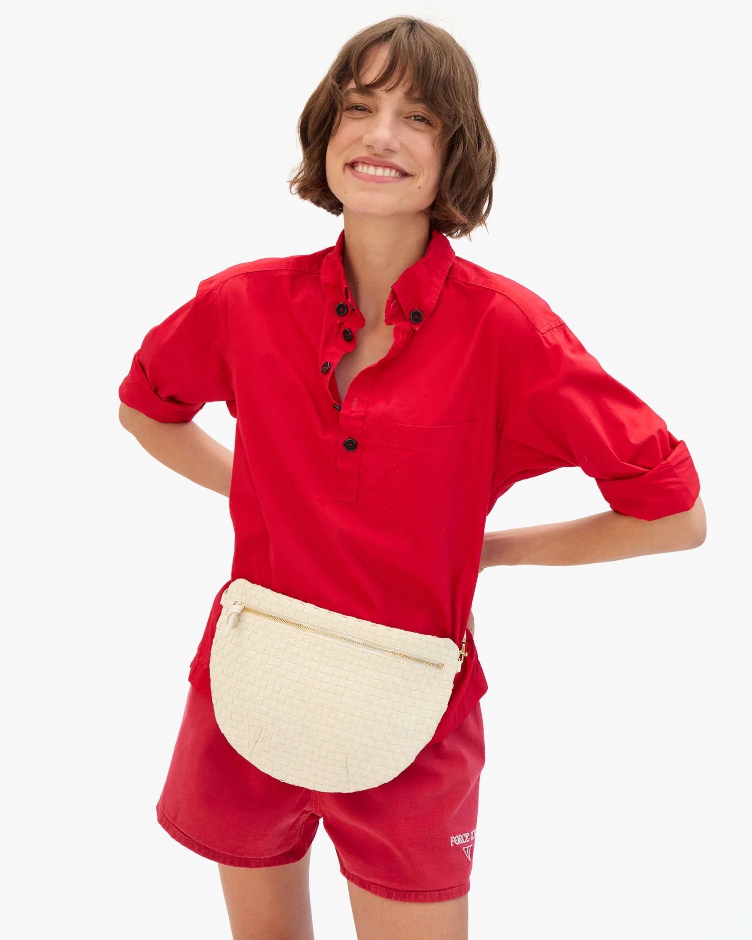 Grande Fanny Woven Checker Cream worn around waist
