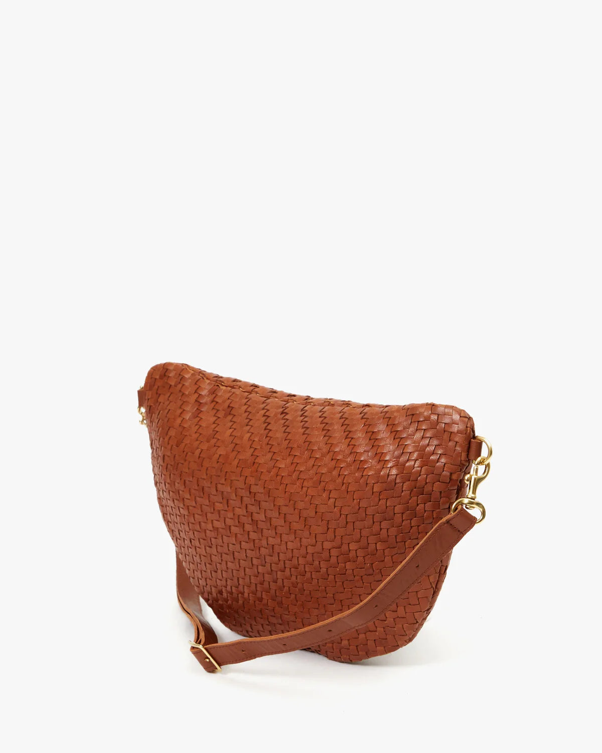 Brown woven handbag with a gold clasp on a white background