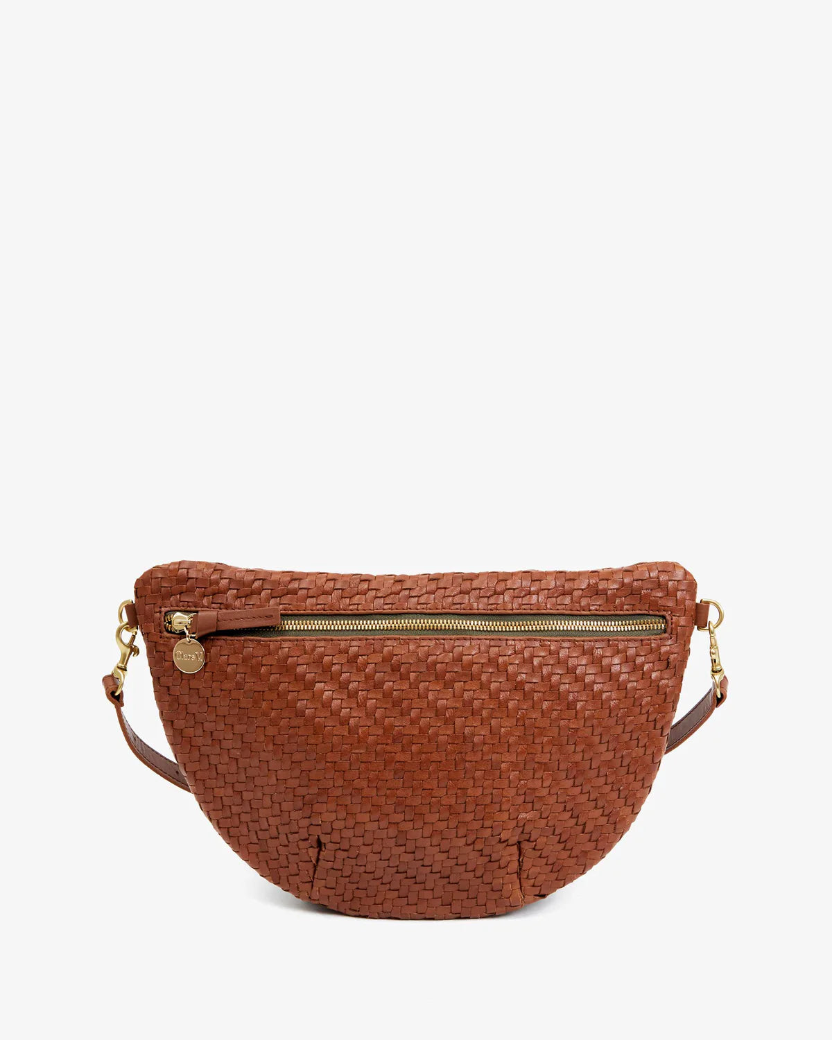 Brown woven crossbody bag on a white background