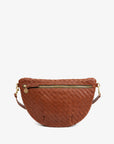 Brown woven crossbody bag on a white background