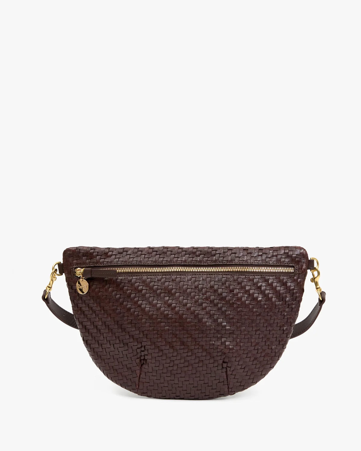 A dark brown woven leather fanny pack with a front zip pocket and gold-tone hardware, shown against a plain white background.