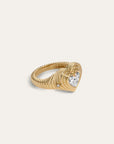  groovy diamond heart signet ring on white background, side