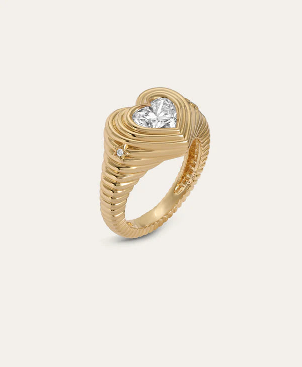  groovy diamond heart signet ring on white background