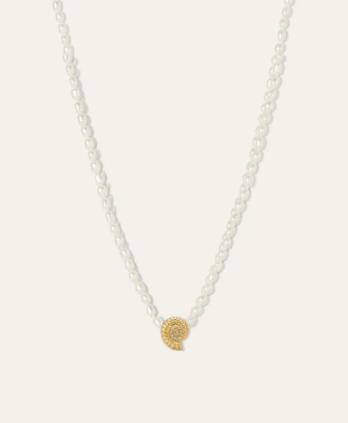 Groovy Diamond Seashell Big Bead 14k Yellow Gold on seed pearl chain