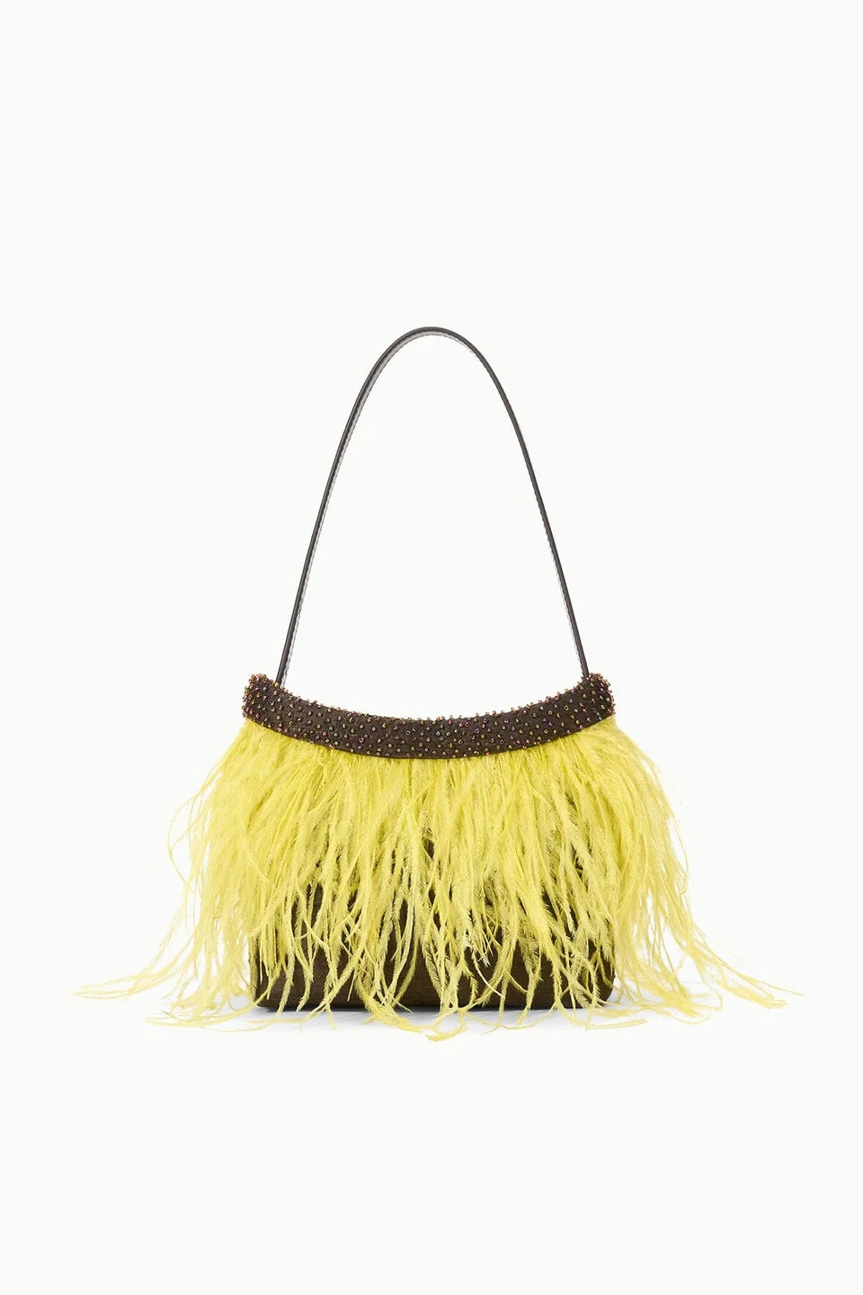A small shoulder bag with a dark brown leather handle, a dark brown beaded top band, and bright yellow fringe hanging from the bottom, shown on a plain white background.