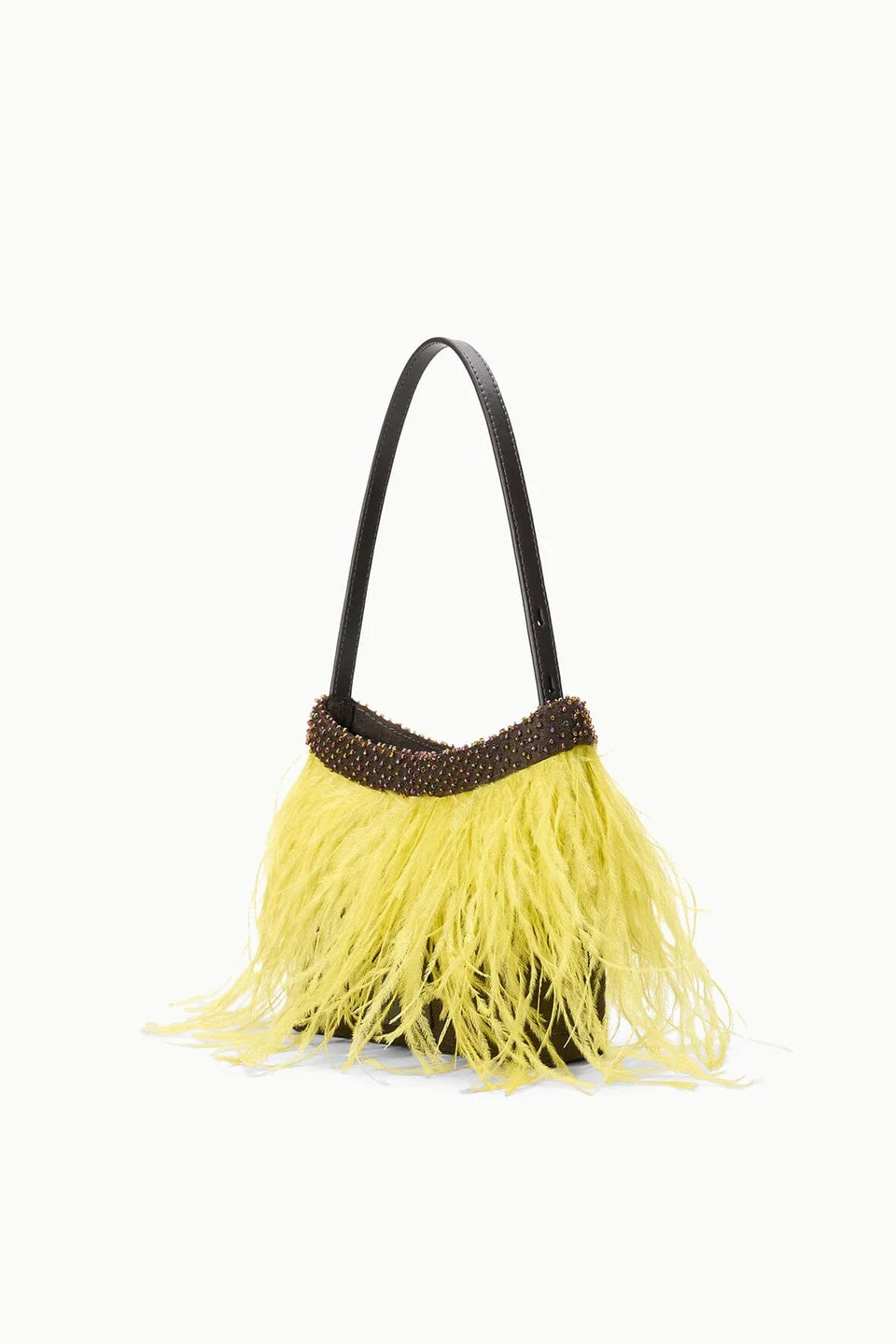 A small shoulder bag with a black leather handle, a dark brown beaded trim, and a bright yellow feather fringe, shown on a plain white background.