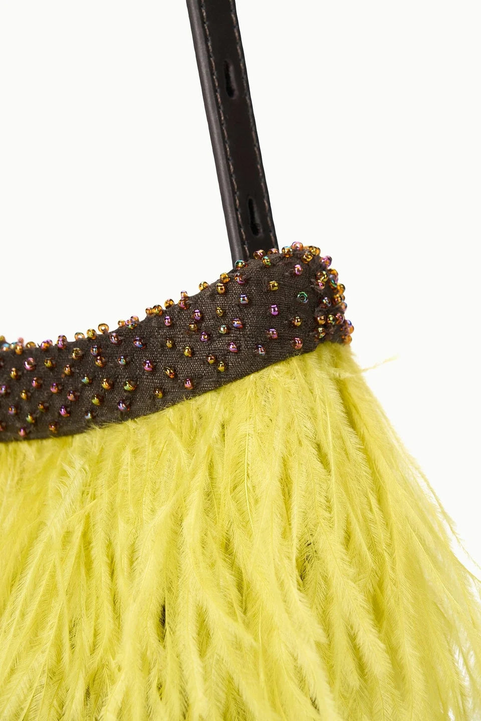 Close-up of a bright yellow ostrich feather fringe bag with a dark brown beaded trim and a black strap, set against a plain white background.