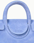 Maude Mini Carryall Cielo Suede close up Staud logo