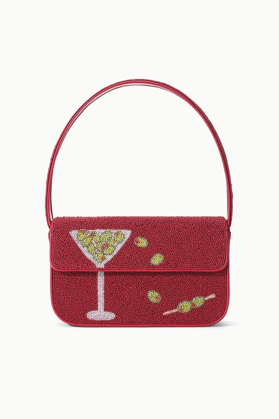 A red textured beaded handbag with a single top handle, featuring a martini glass and olives embellished with beads 