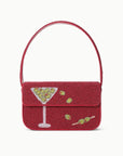 A red textured beaded handbag with a single top handle, featuring a martini glass and olives embellished with beads 