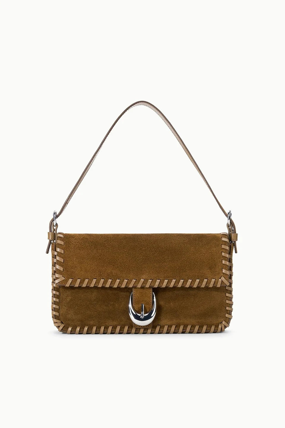 A brown suede shoulder bag with a flap front, decorative whipstitching, and a silver-tone crescent moon clasp, shown against a plain white background.