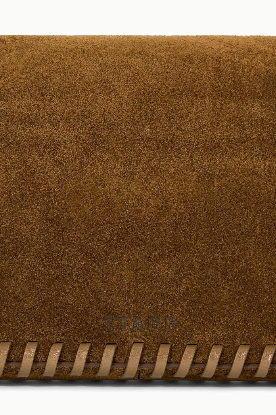 Harlow Bag Cigar super close up back detail with Staud imprint