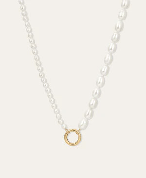 Half &amp; Half Pearl Necklace close up front view of hinge on white background
