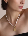 Half & Half Pearl Necklace on model with charm attached 