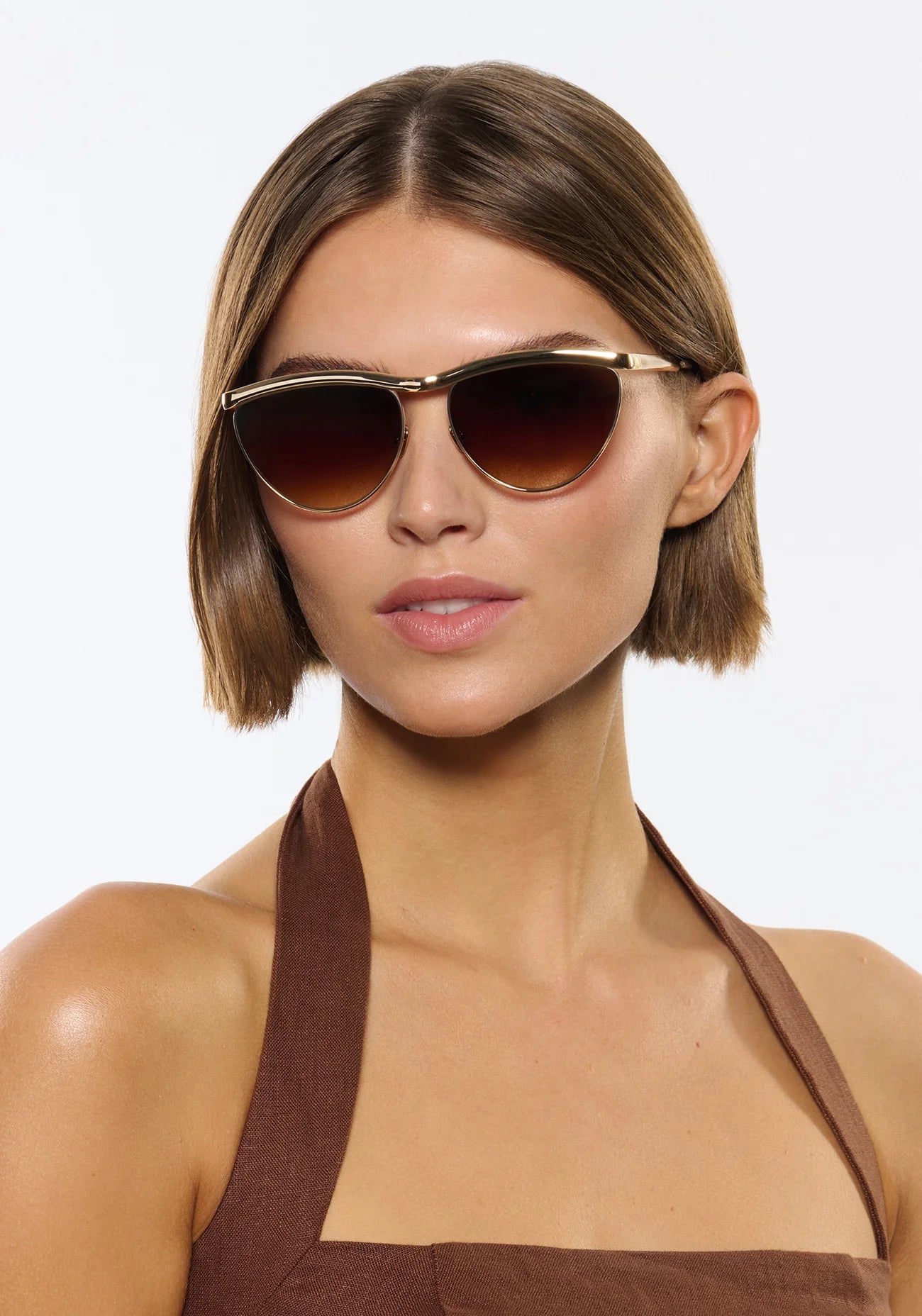 Heidi 12K Matte Black Fade Chroma + Blonde Venezia Sunglasses on model with average oval face shape