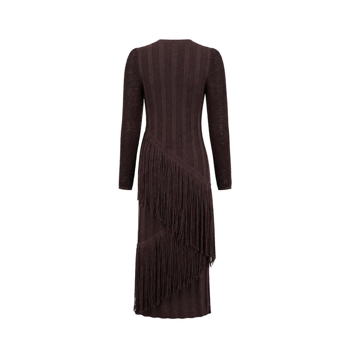 A dark brown long-sleeve knit dress with vertical ribbed texture and a cascading fringe detail along the front, shown against a plain white background.