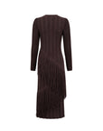 A dark brown long-sleeve knit dress with vertical ribbed texture and a cascading fringe detail along the front, shown against a plain white background.