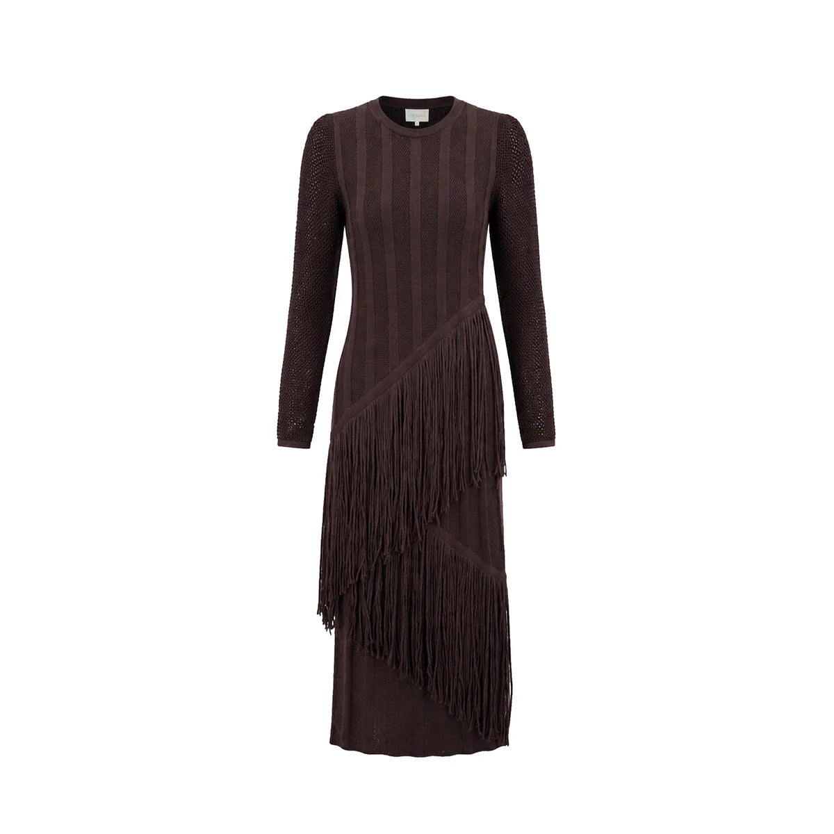 A dark brown long-sleeve knit dress with vertical ribbed texture, a crew neckline, and a cascading fringe detail along the front and hem, shown against a plain white background.