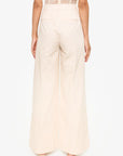 Beige high-waisted pants worn by a person on a white background back view