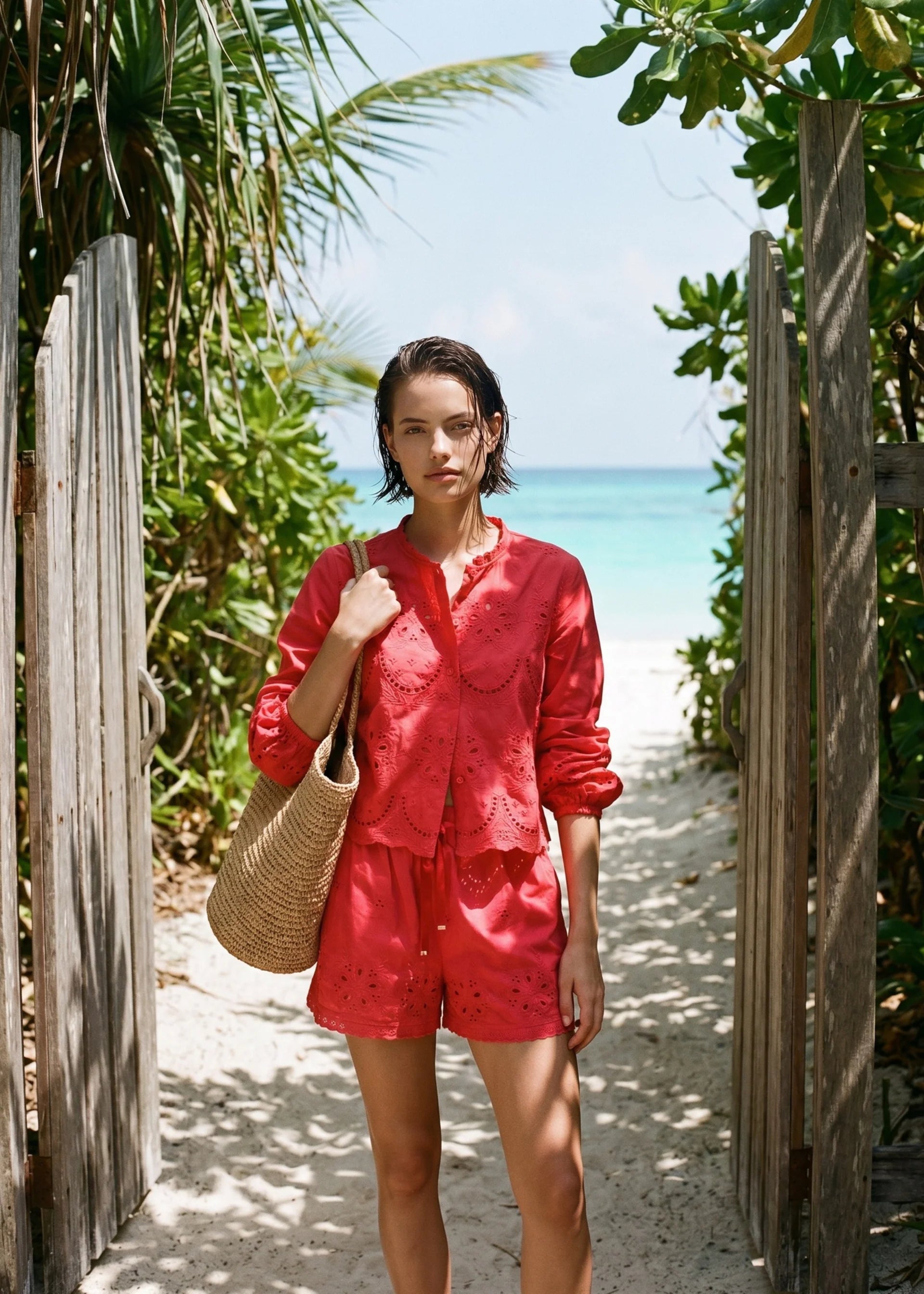 Woman in a red outfit standing on a sandy path with tropical scenery