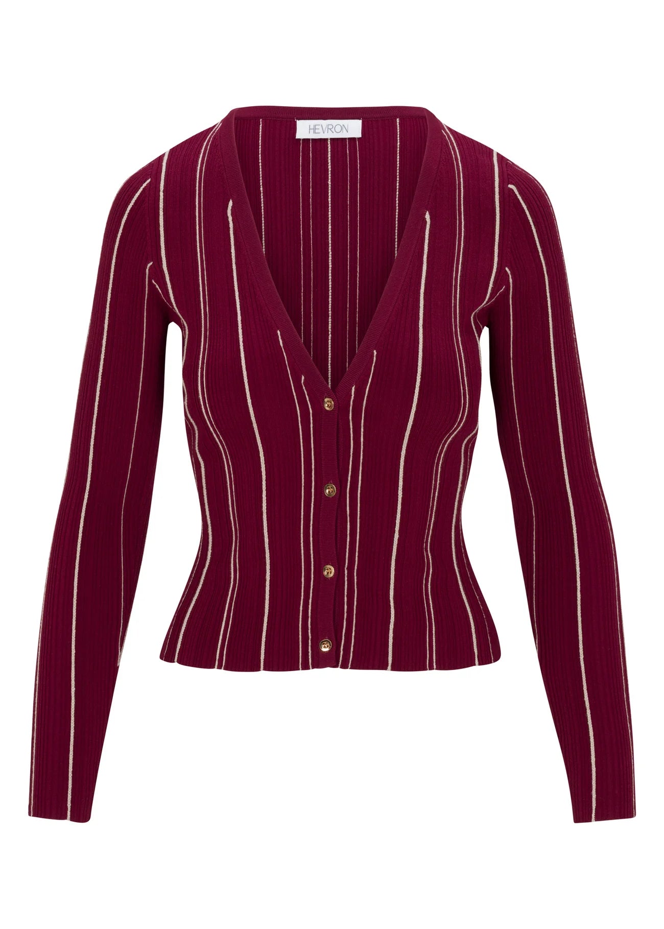 Maroon cardigan with white stripes on a white background