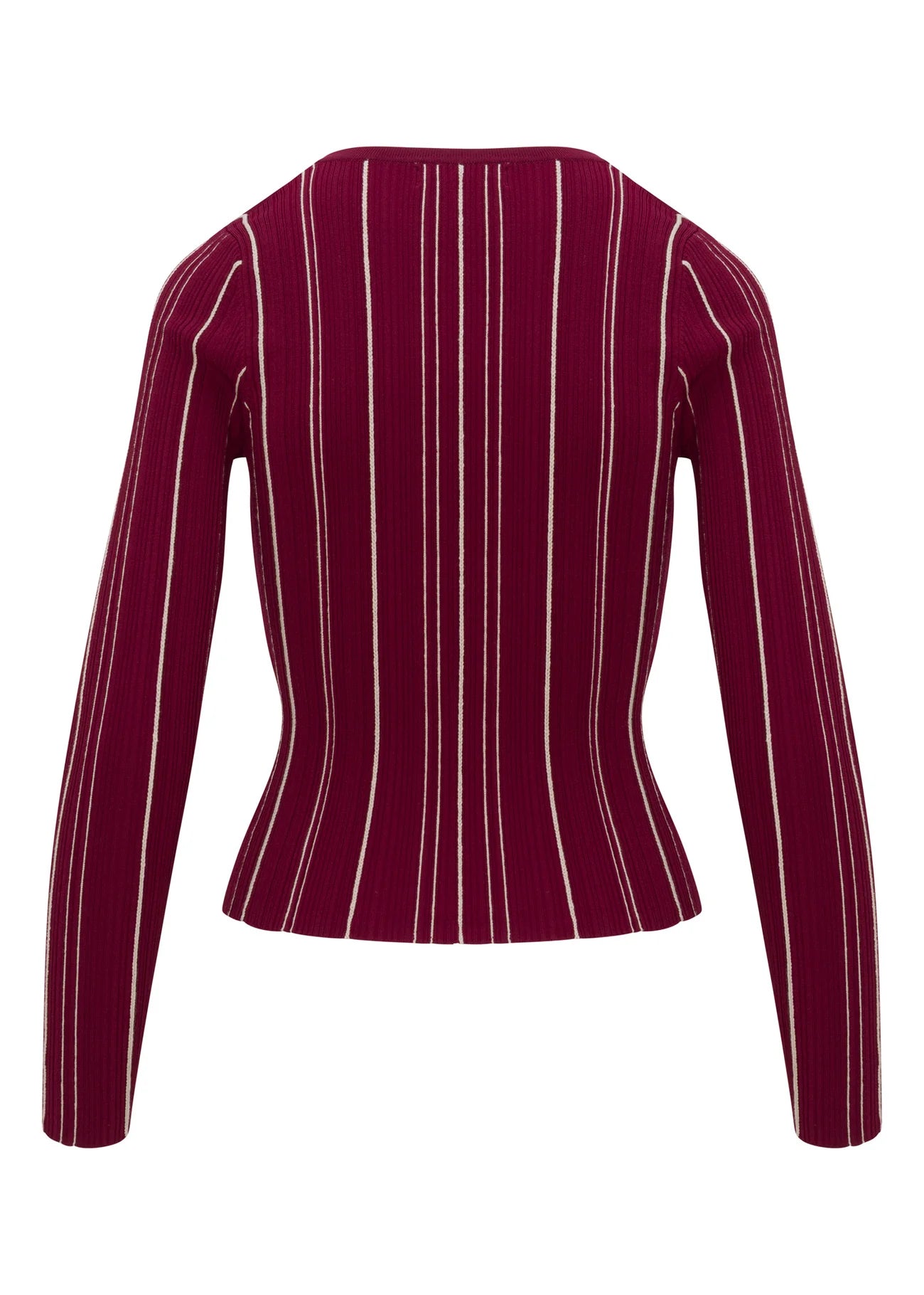 Maroon cardigan with white vertical stripes on a white background