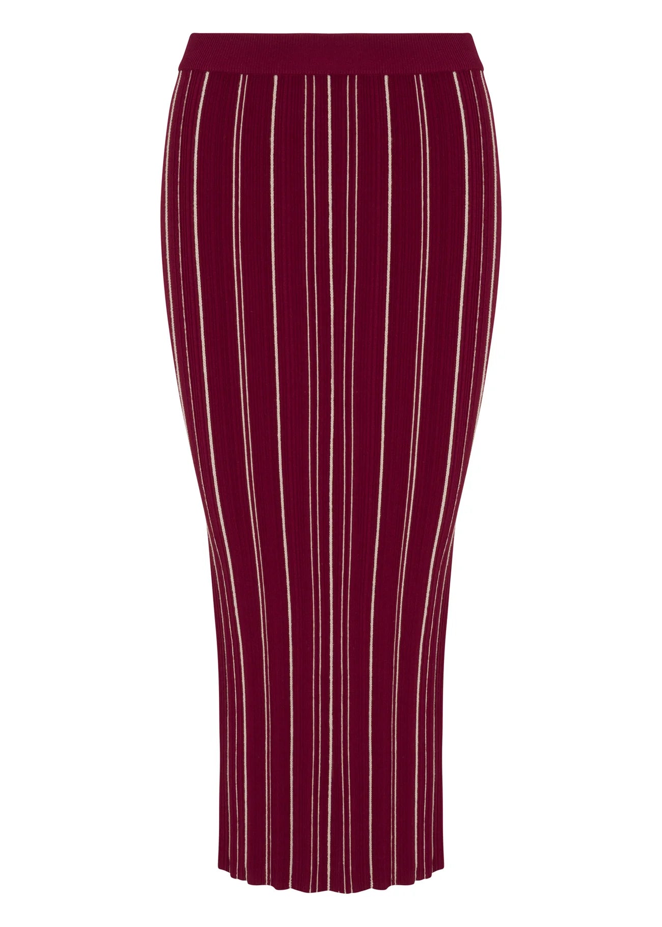 Maroon pencil skirt with white vertical stripes on a white background
