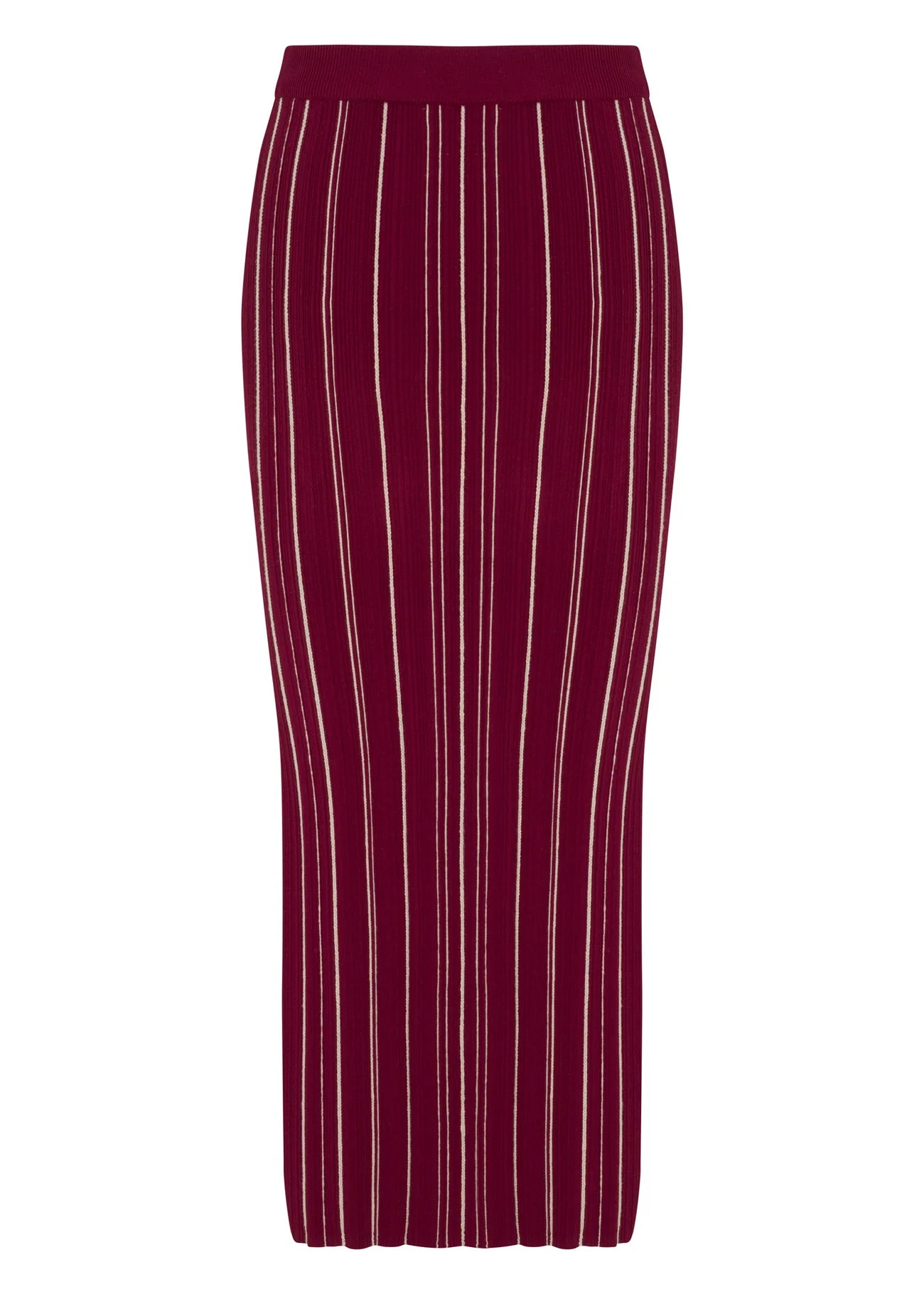 Maroon pencil skirt with white vertical stripes on a white background