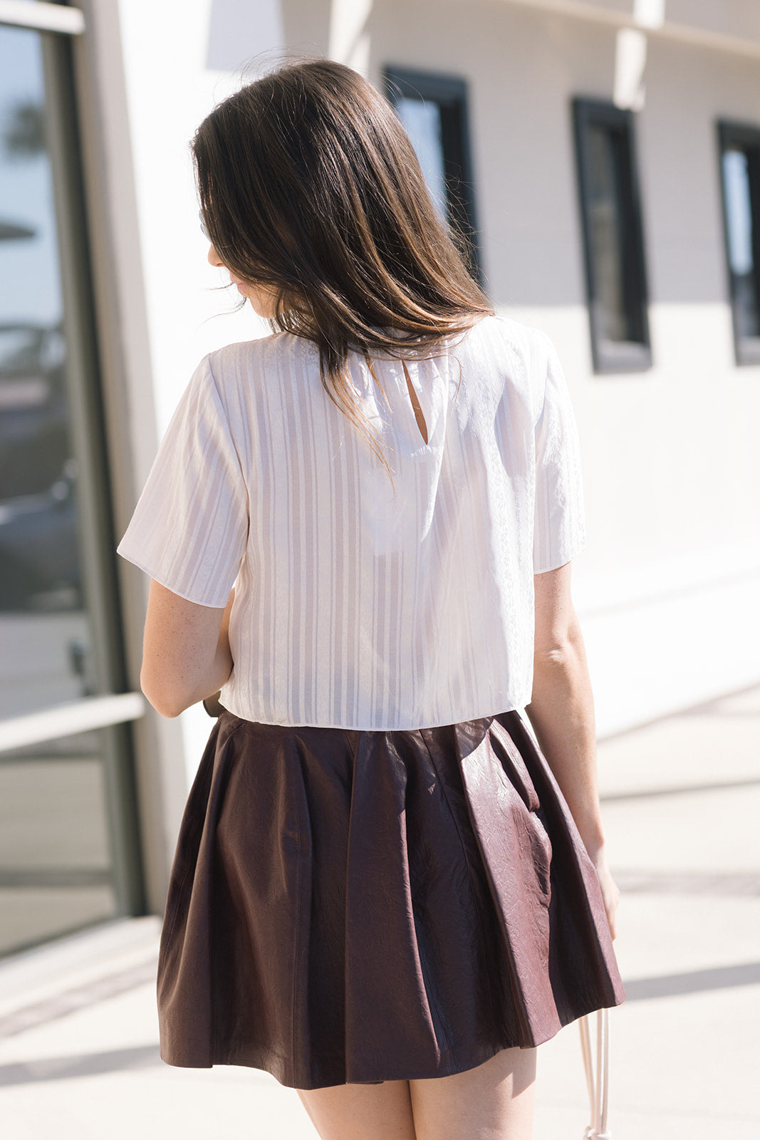 Josey Jacquard Stripe Tee and Bryar Leather Mini Skirt back view