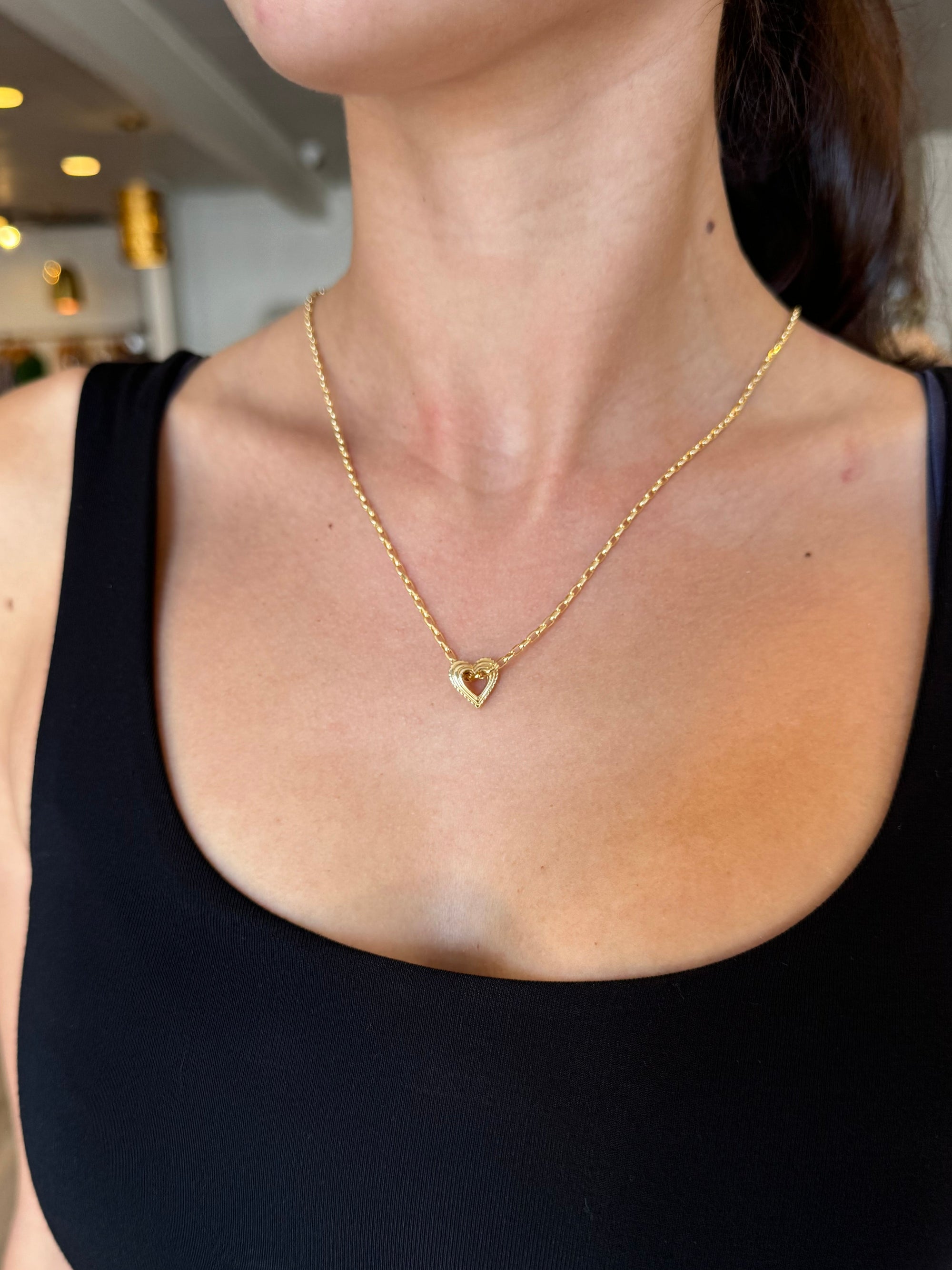 Pave Diamond Groovy Heart Big Bead farther back front view on necklace