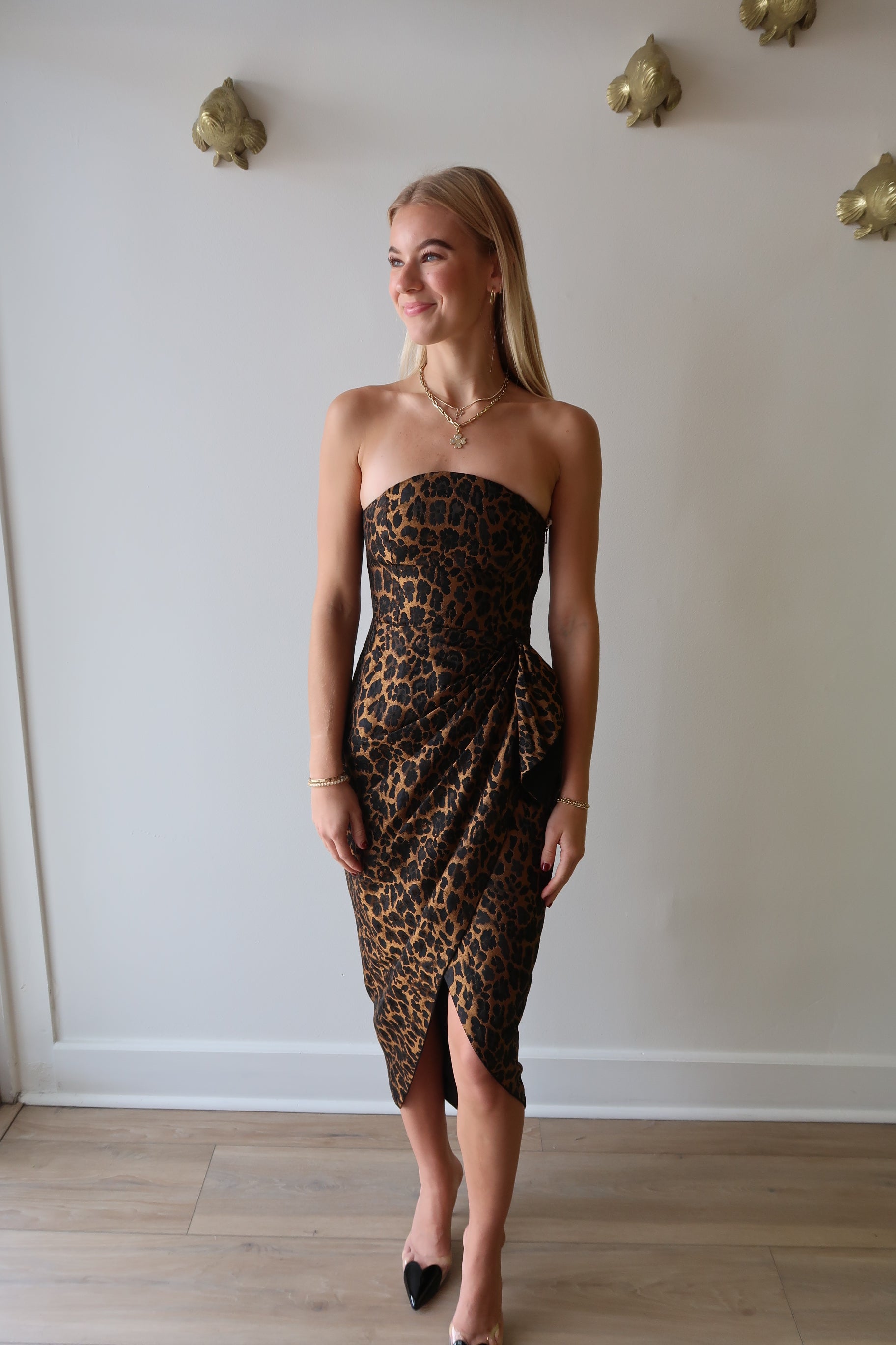 Zaniya Strapless Leopard Dress full body front