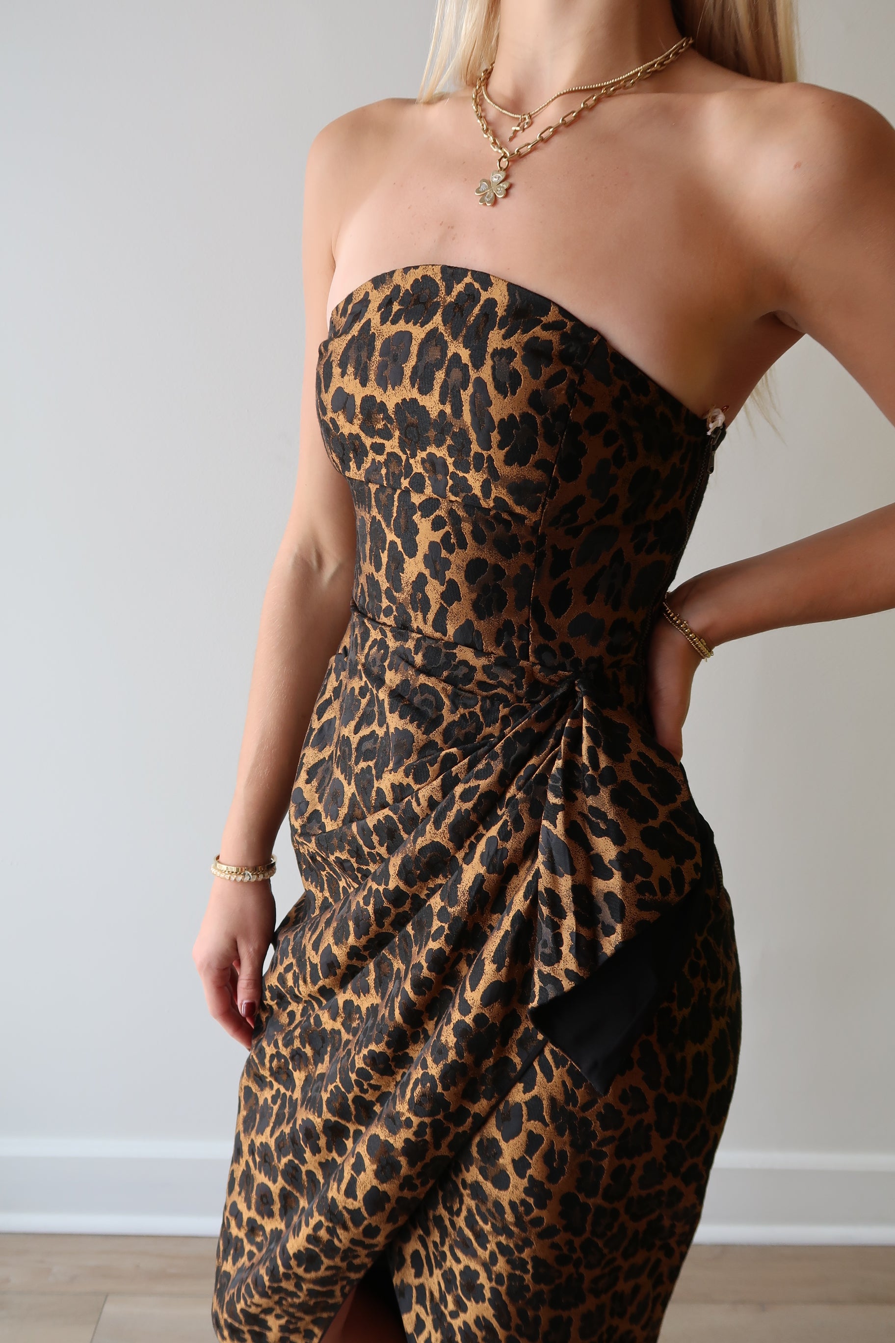 Zaniya Strapless Leopard Dress close up side