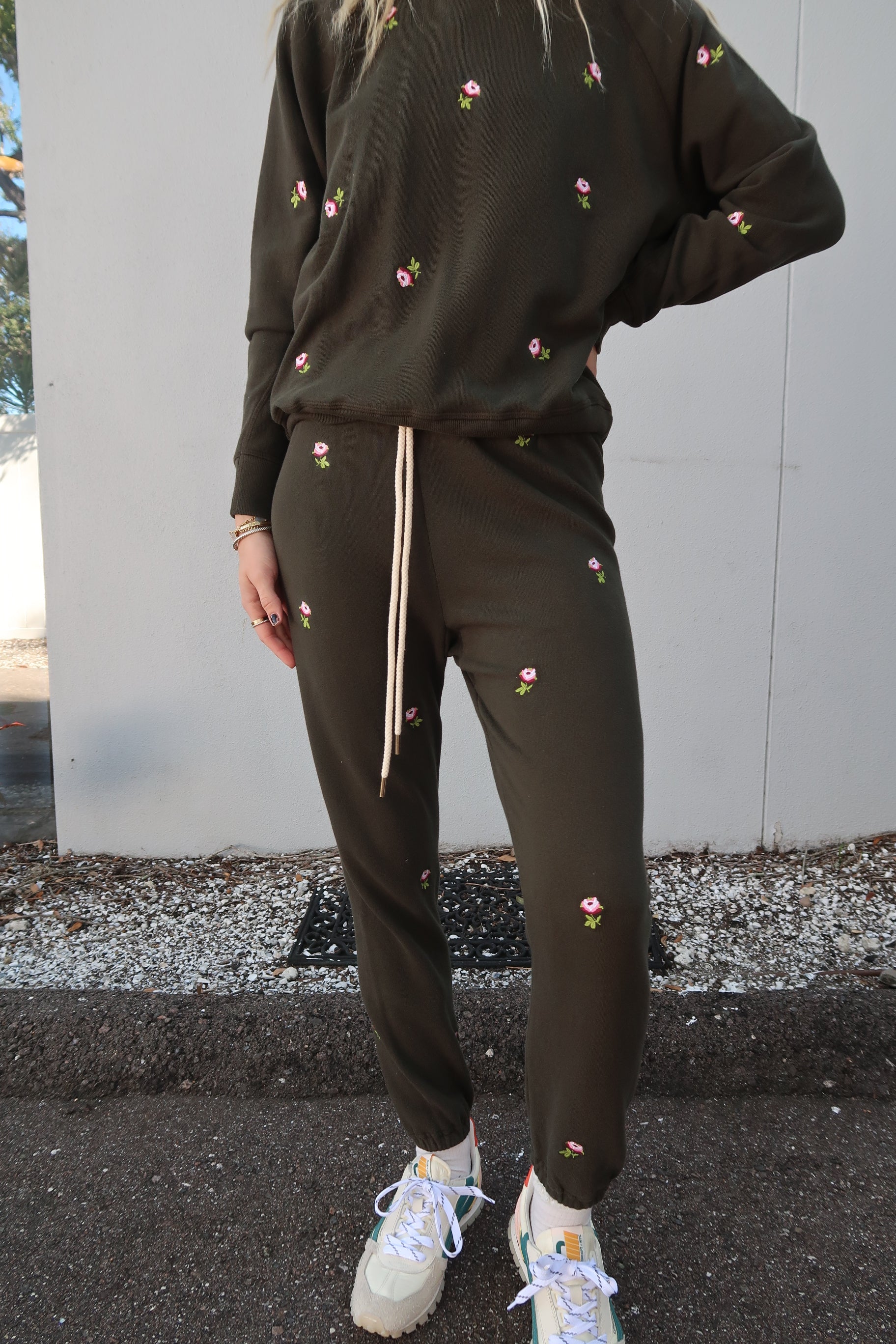 The Stadium Sweatpant Roses with strings out