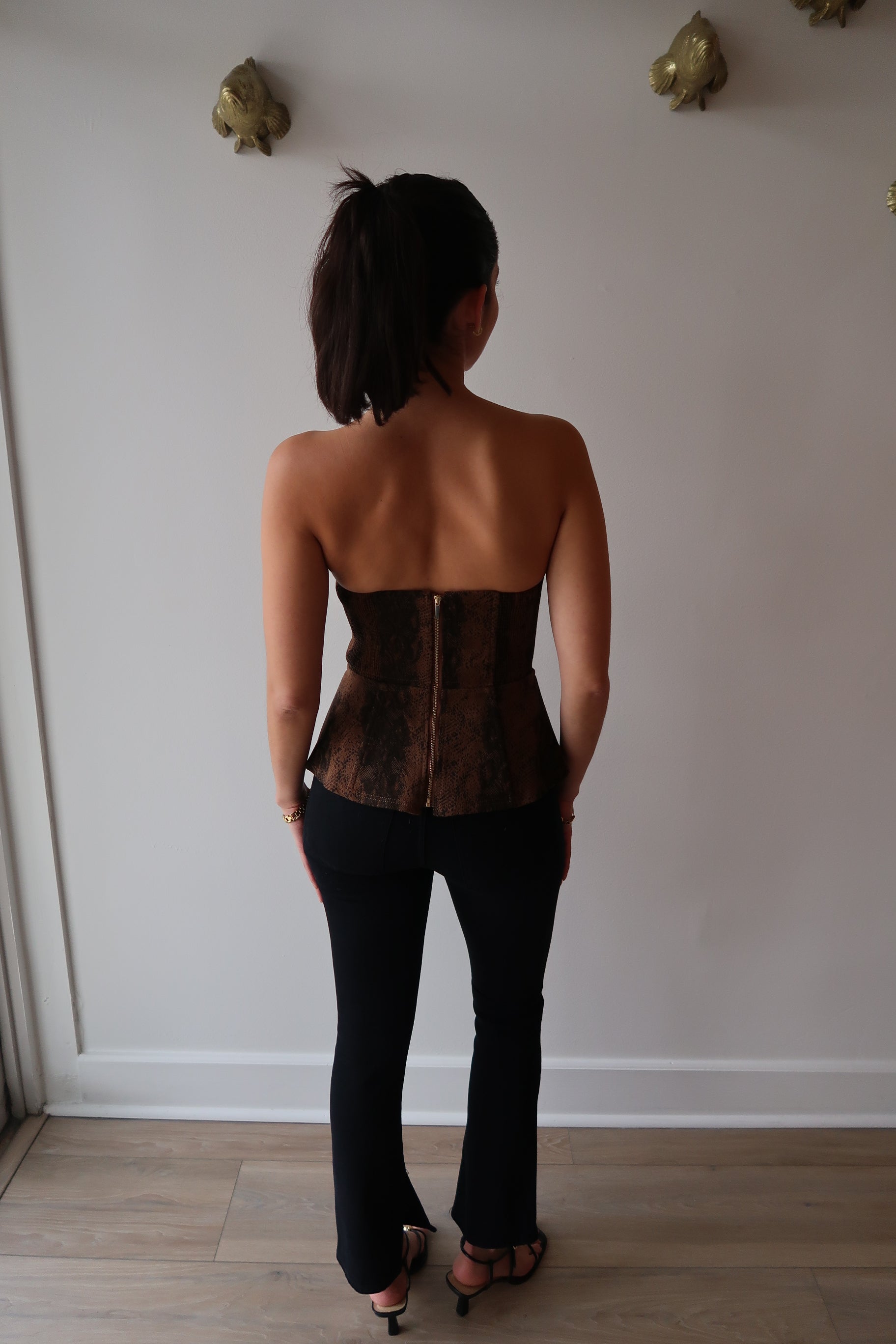 Iggy Strapless Peplum Top and Ingram Petite Jean full body back
