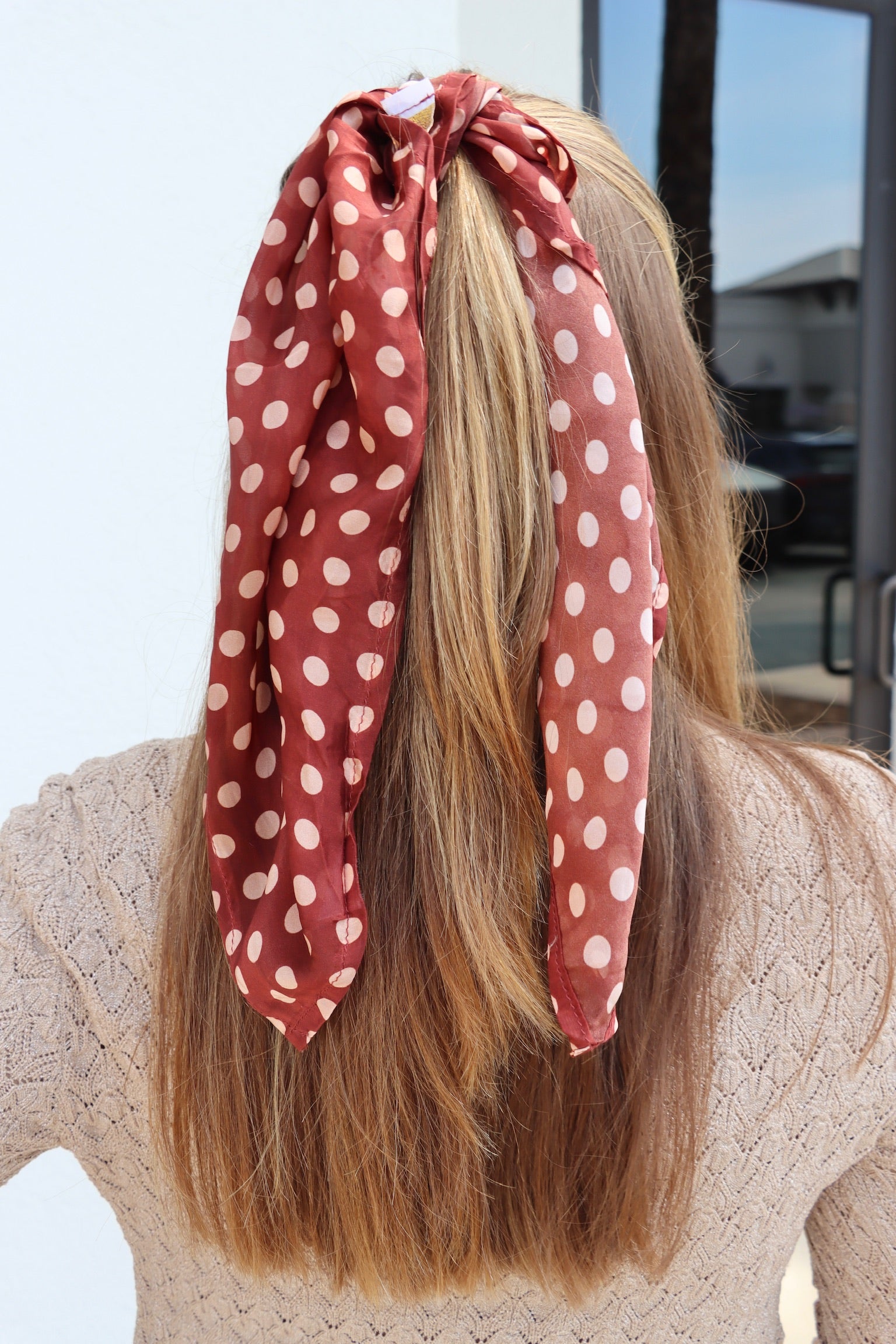 Person with long hair wearing a red polka dot headscarf
