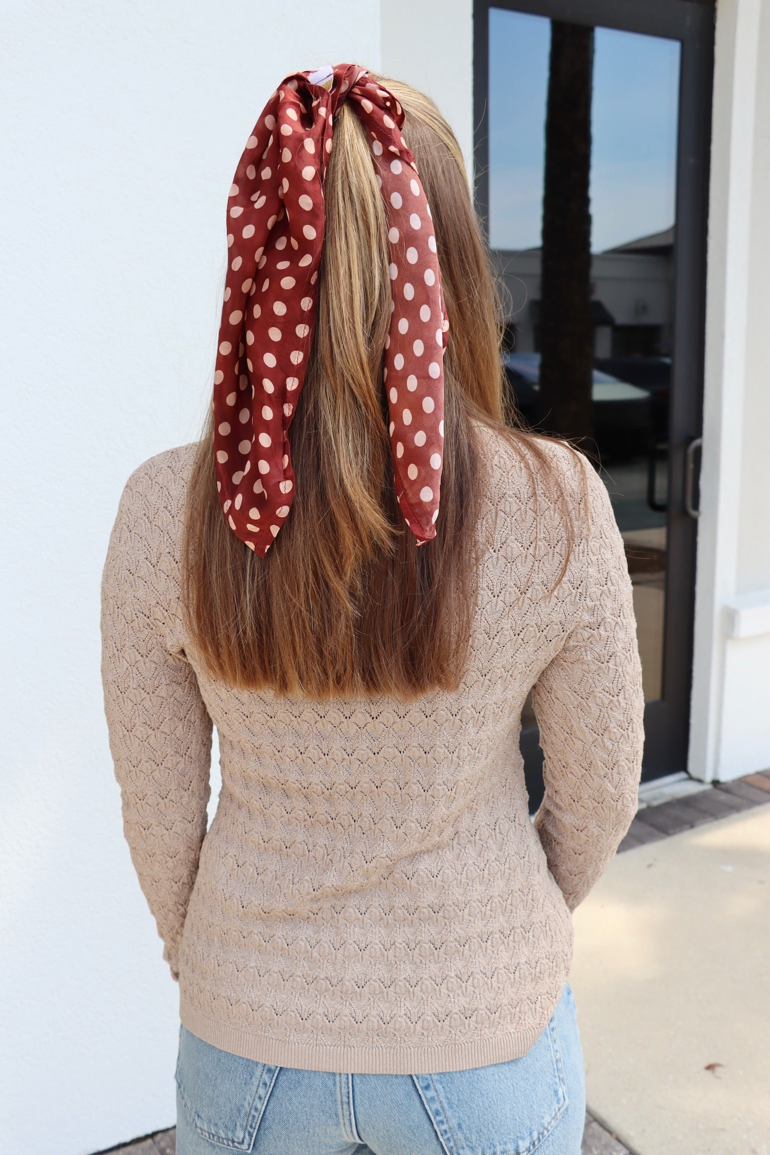 Square Scarf Polka Dot Cappuccino in hair