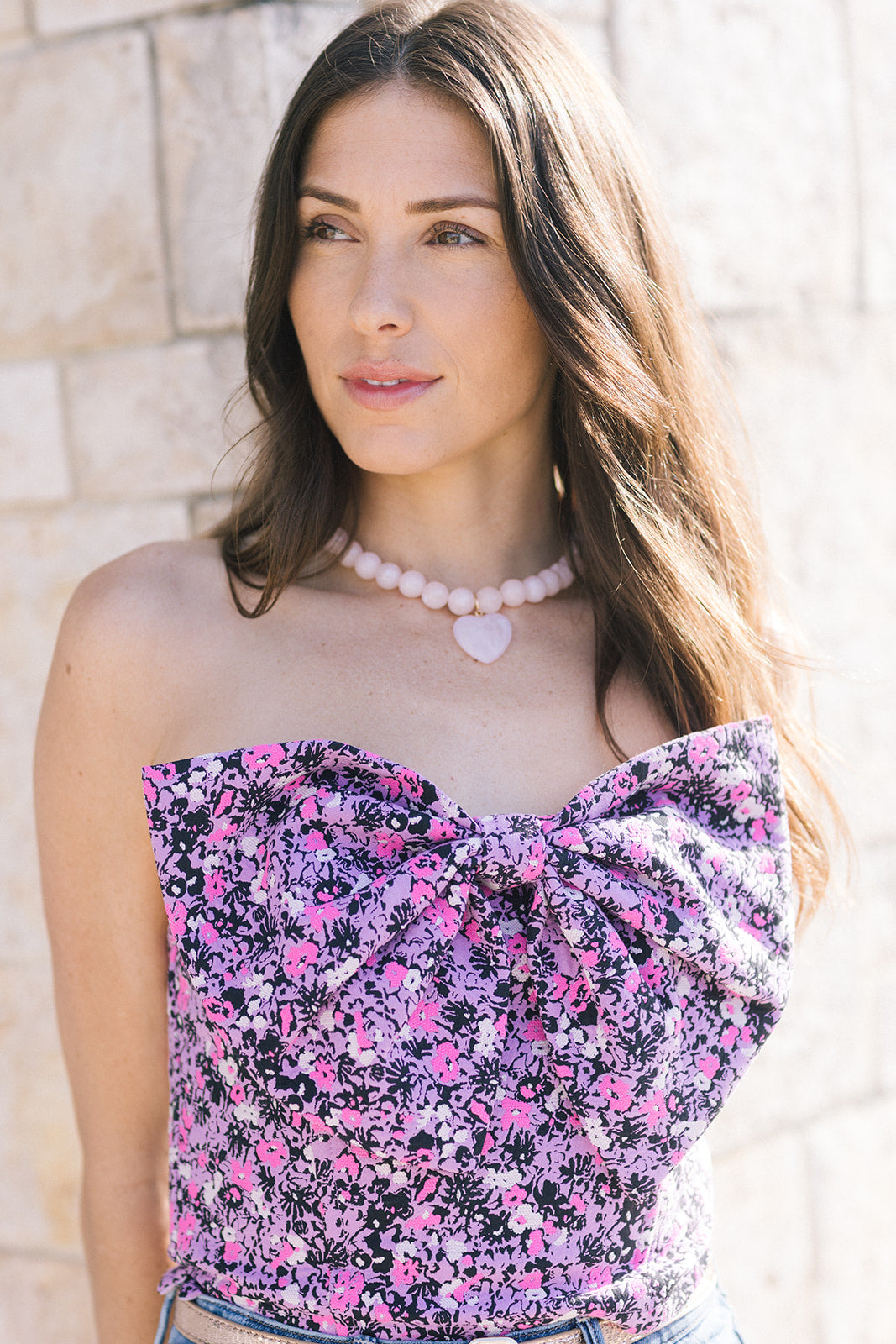 Jullie Jacquard Bustier Top and Beaded Necklace with Heart close up front