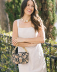 Coquina Necklace on model wearing gingham dress and holding snake bag with Shortie Strap Gold