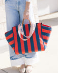 Beach Tote Canvas Stripe held with brown heather handles