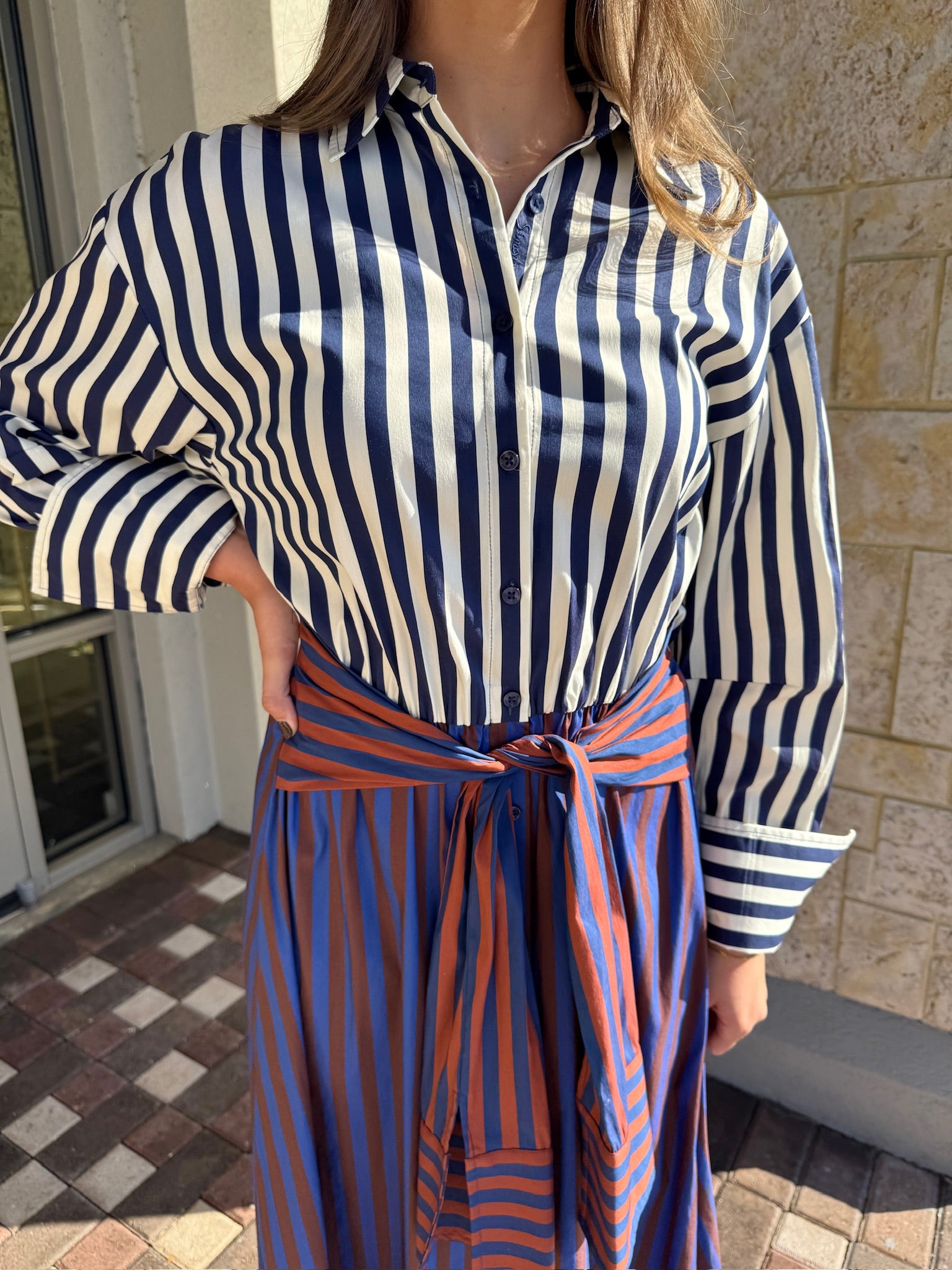 Inna Poplin Stripe Maxi Dress close up front