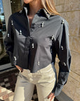 Renata Embellished Crop Button Down in Black