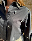 Renata Embellished Crop Button Down in Black