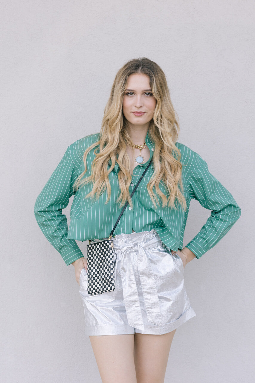Clare V Poche Woven Checker Bag on model