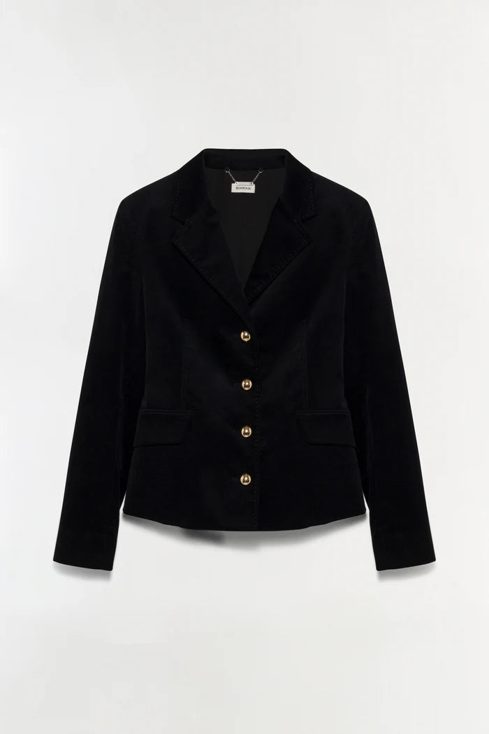 Black blazer with gold buttons on a white background