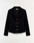 Black blazer with gold buttons on a white background