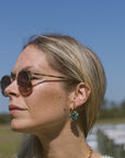 Woman wearing sunglasses and a gold necklace with a blue earring against a clear blue sky.