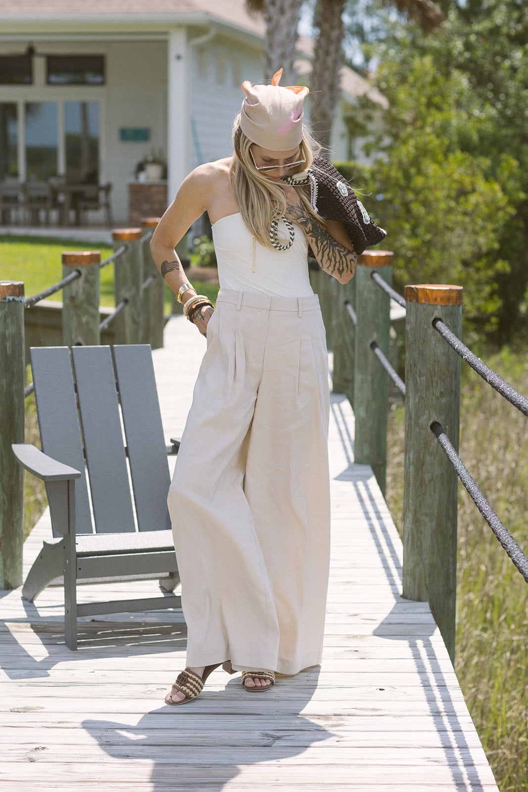 Bandana in Khaki Blasé Eyes worn as head scarf, full body view