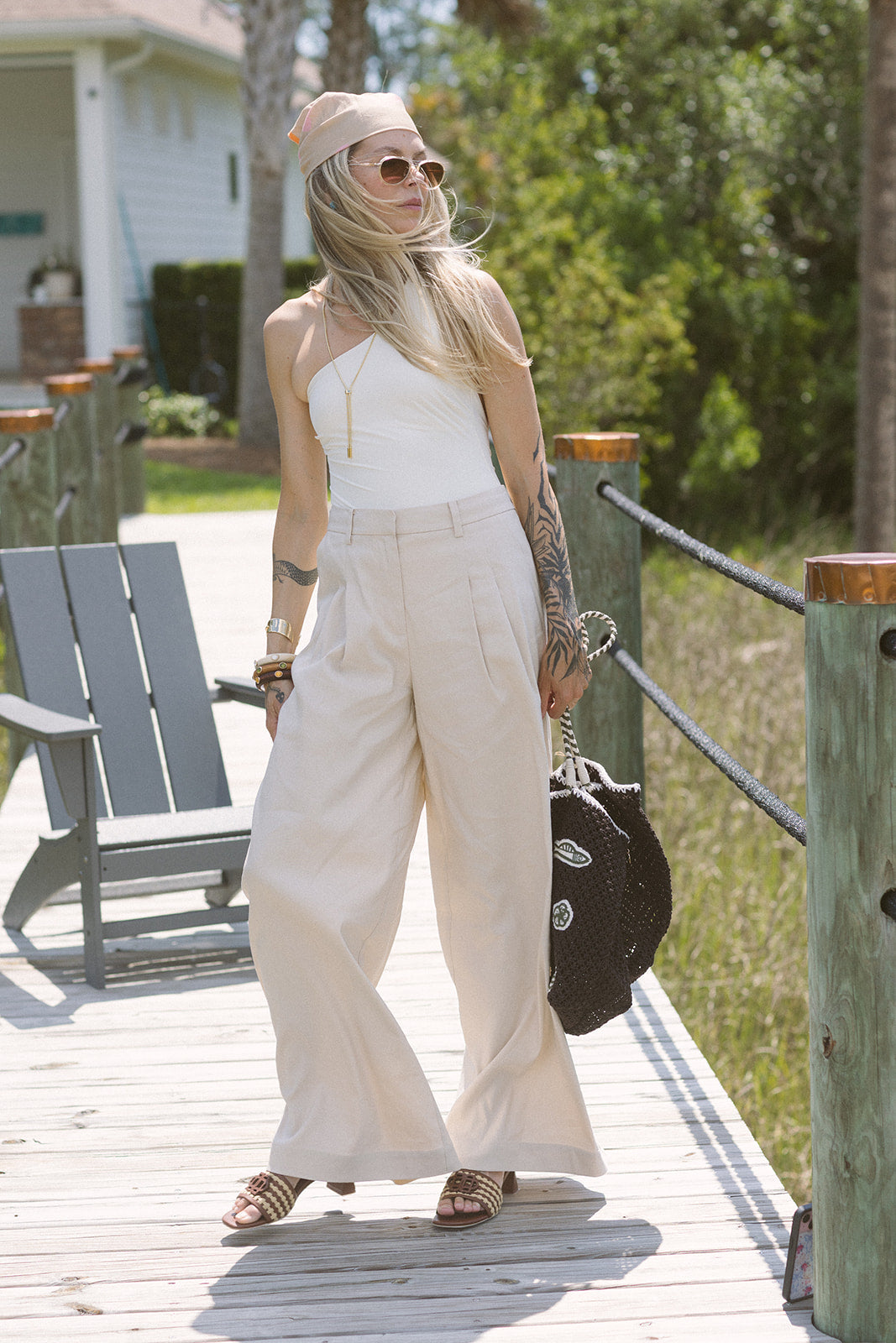 Ramsey Linen Wide Leg Pant full body front view, standing on dock